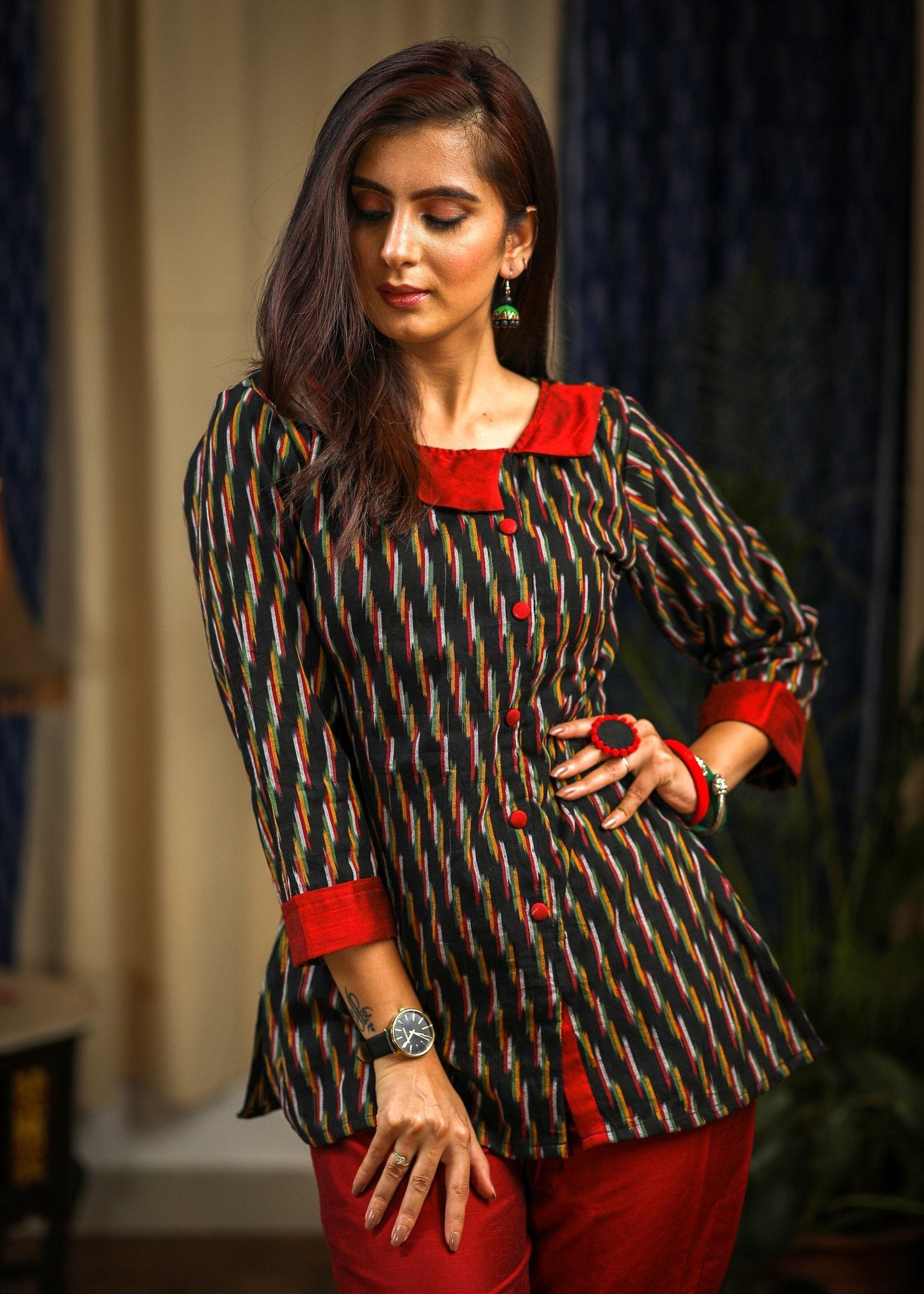 Black striped ikat cotton top