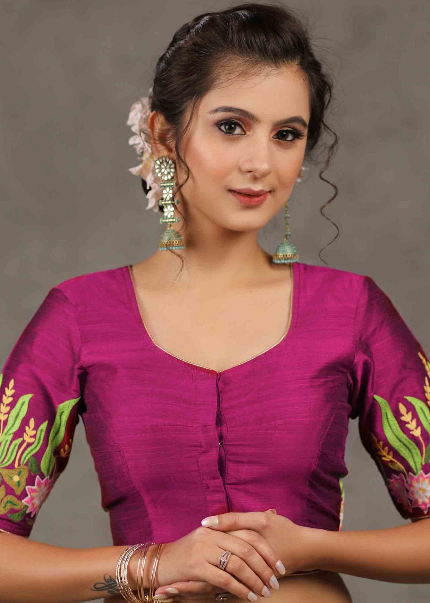 Beautiful Magenta Blouse with Quirky Seagull Embroidery Allover Back and Sleeves