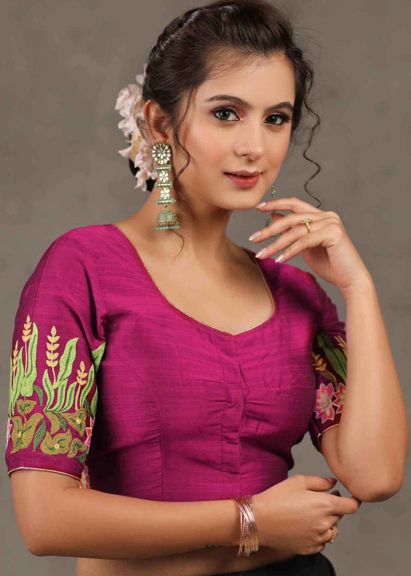 Beautiful Magenta Blouse with Quirky Seagull Embroidery Allover Back and Sleeves