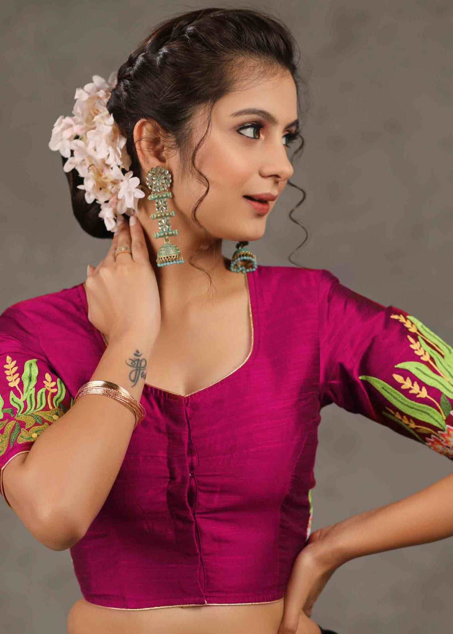 Beautiful Magenta Blouse with Quirky Seagull Embroidery Allover Back and Sleeves