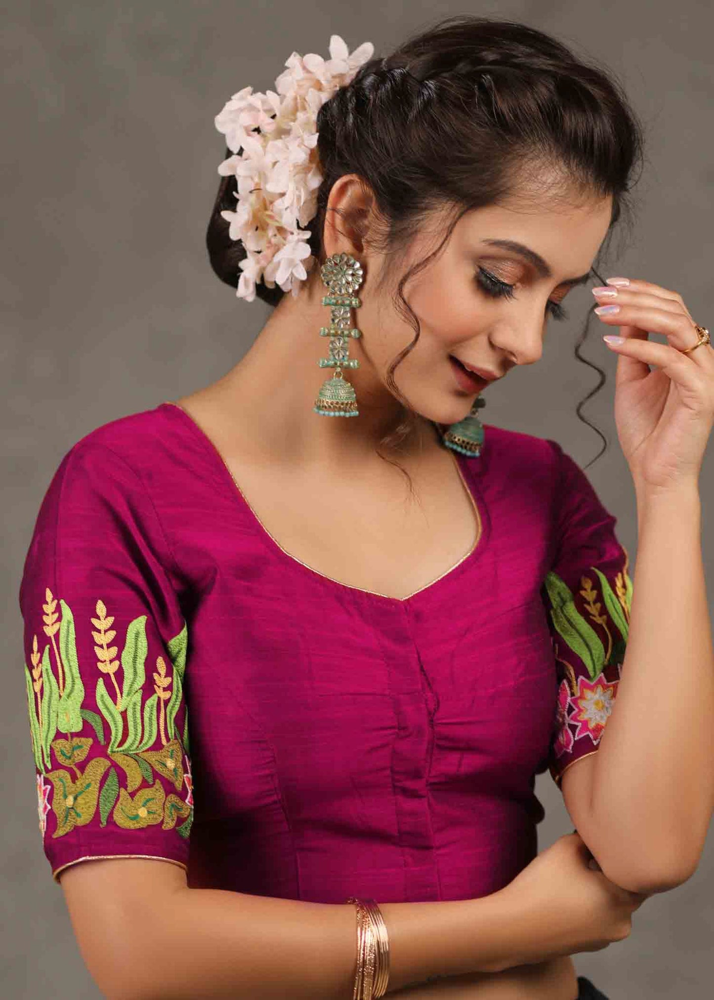 Beautiful Magenta Blouse with Quirky Seagull Embroidery Allover Back and Sleeves