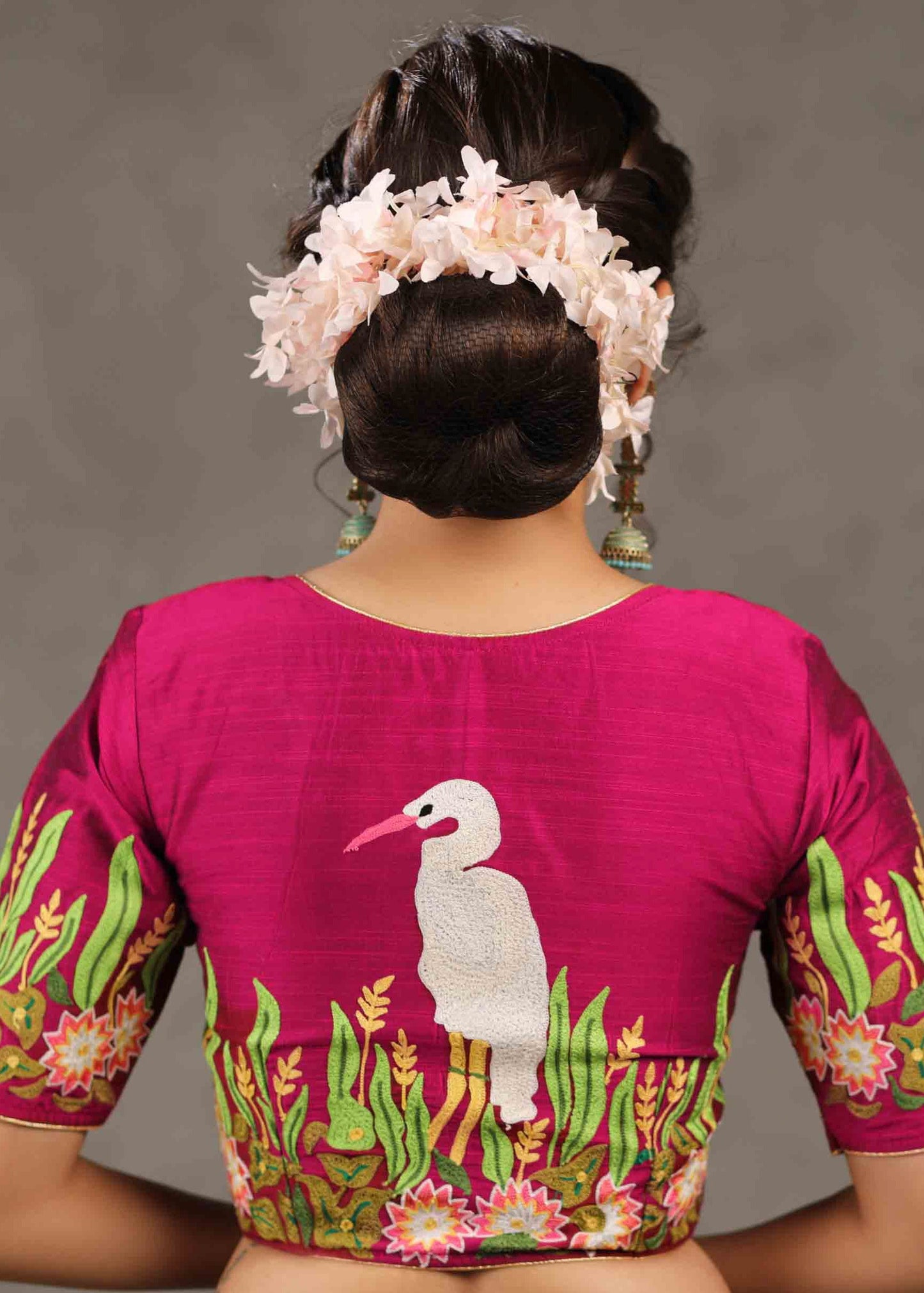 Beautiful Magenta Blouse with Quirky Seagull Embroidery Allover Back and Sleeves