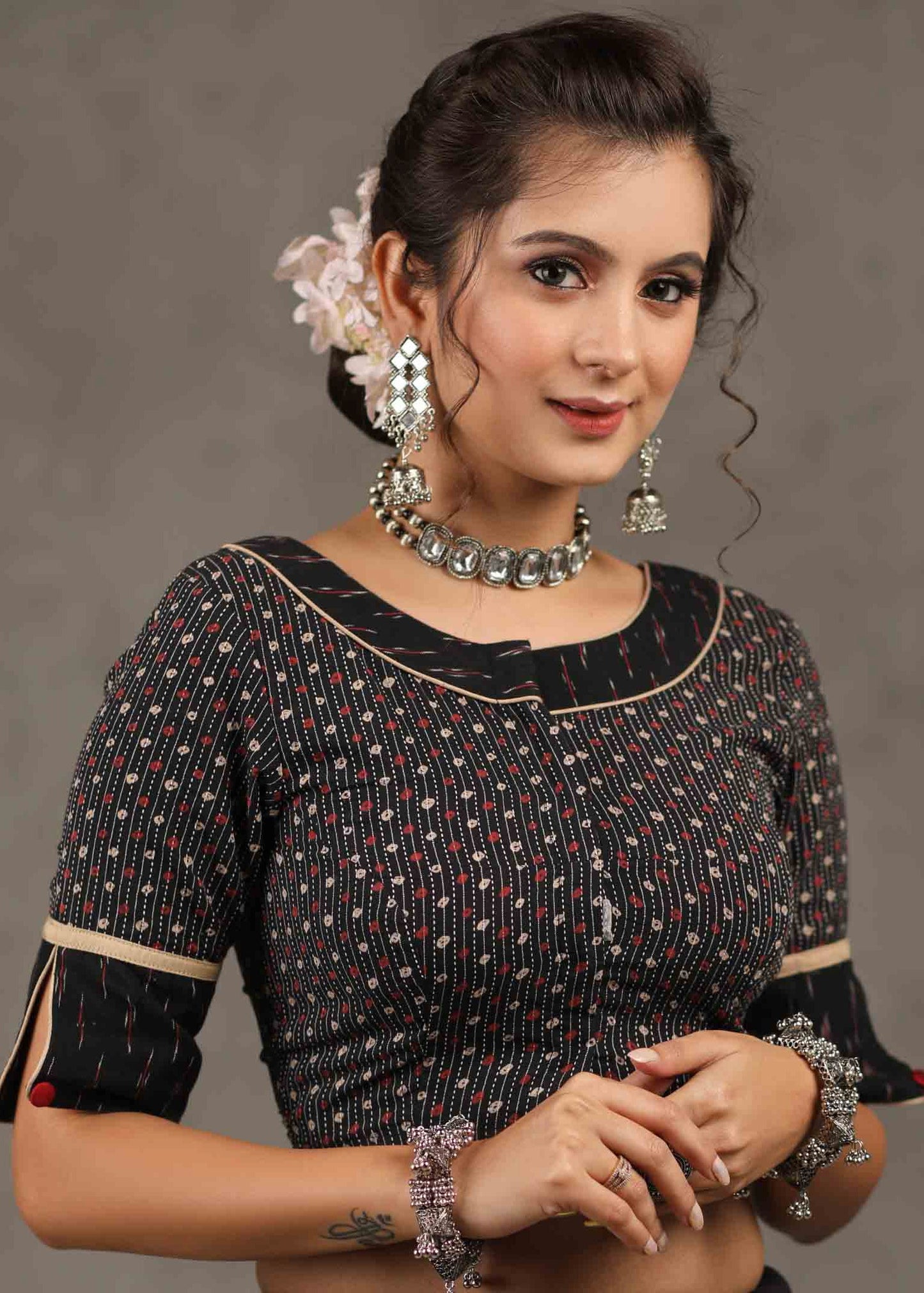 Exclusive Black Ajrakh Kantha with Ikat Combination Blouse