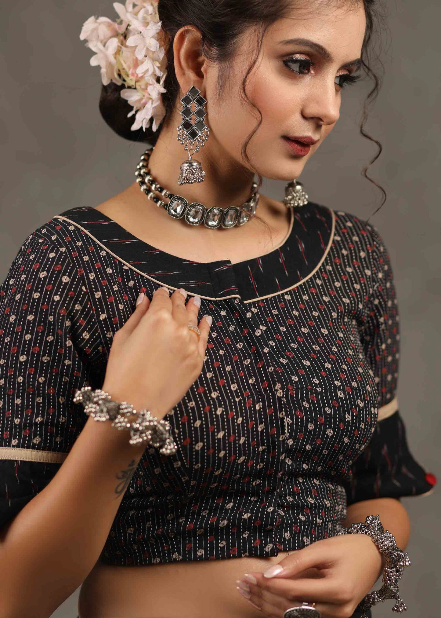 Exclusive Black Ajrakh Kantha with Ikat Combination Blouse