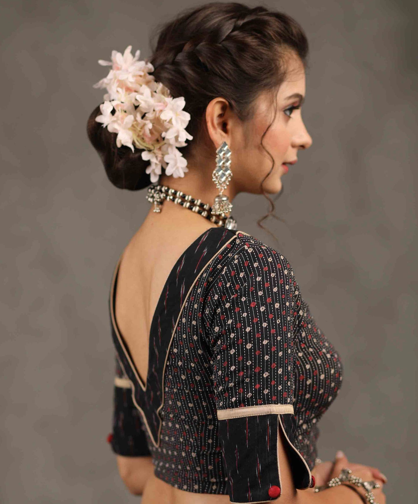 Exclusive Black Ajrakh Kantha with Ikat Combination Blouse