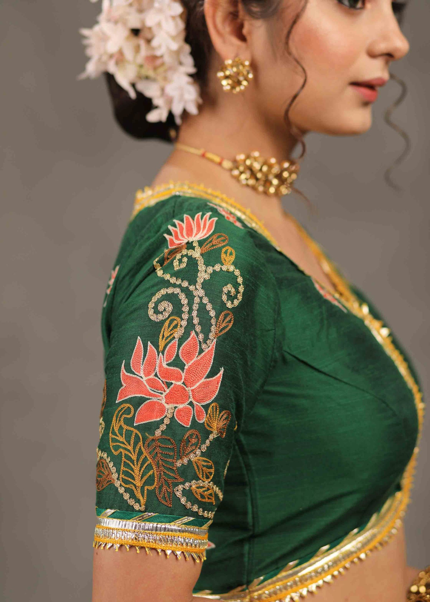 Elegant Bottle Green Cotton Silk Blouse with Lotus Embroidery on Back and Sleeves Highlighted with Gota Patti Lace