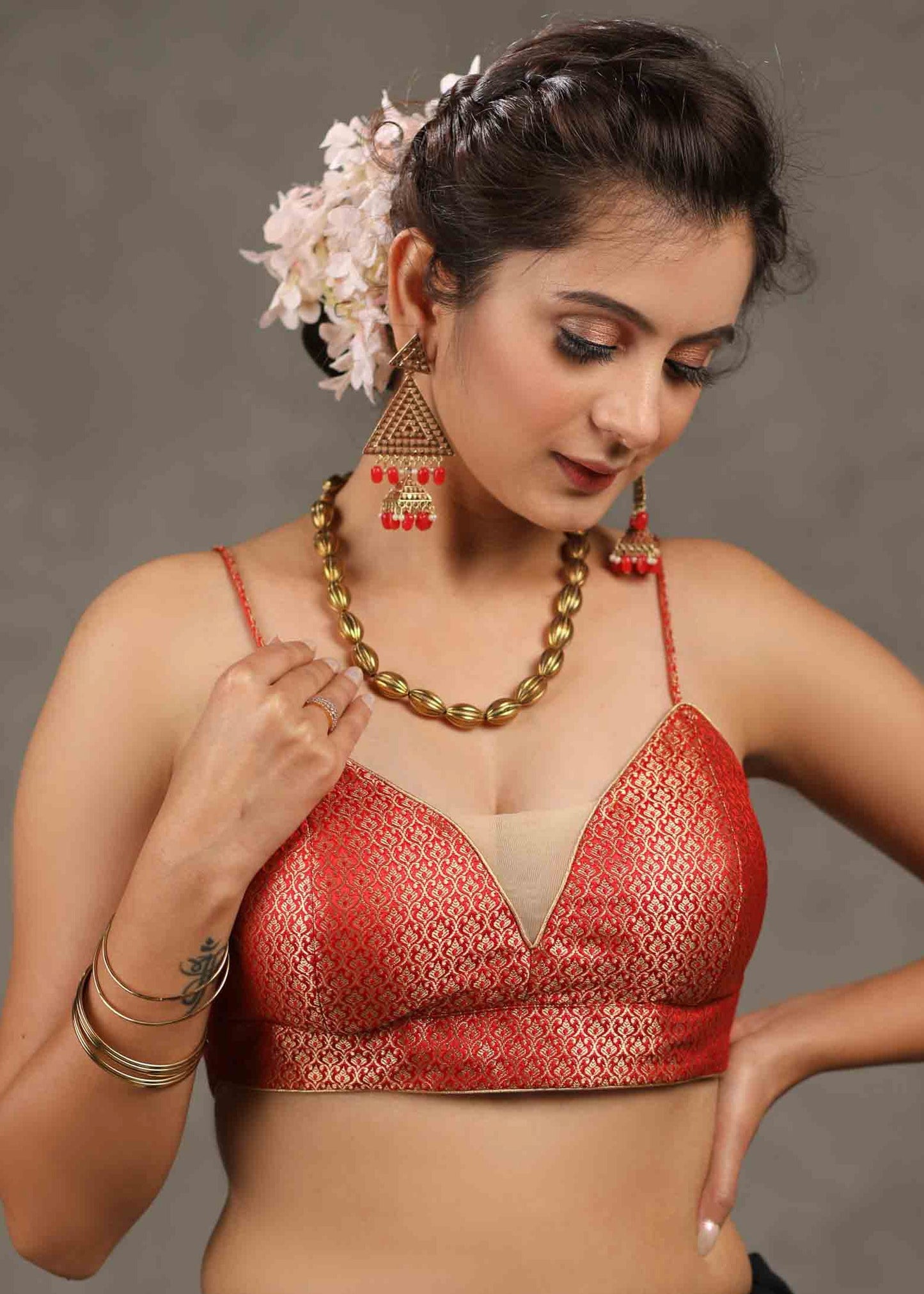 Elegant Red Banarasi Strappy Blouse with Deep Plunge Neckline and Back Opening