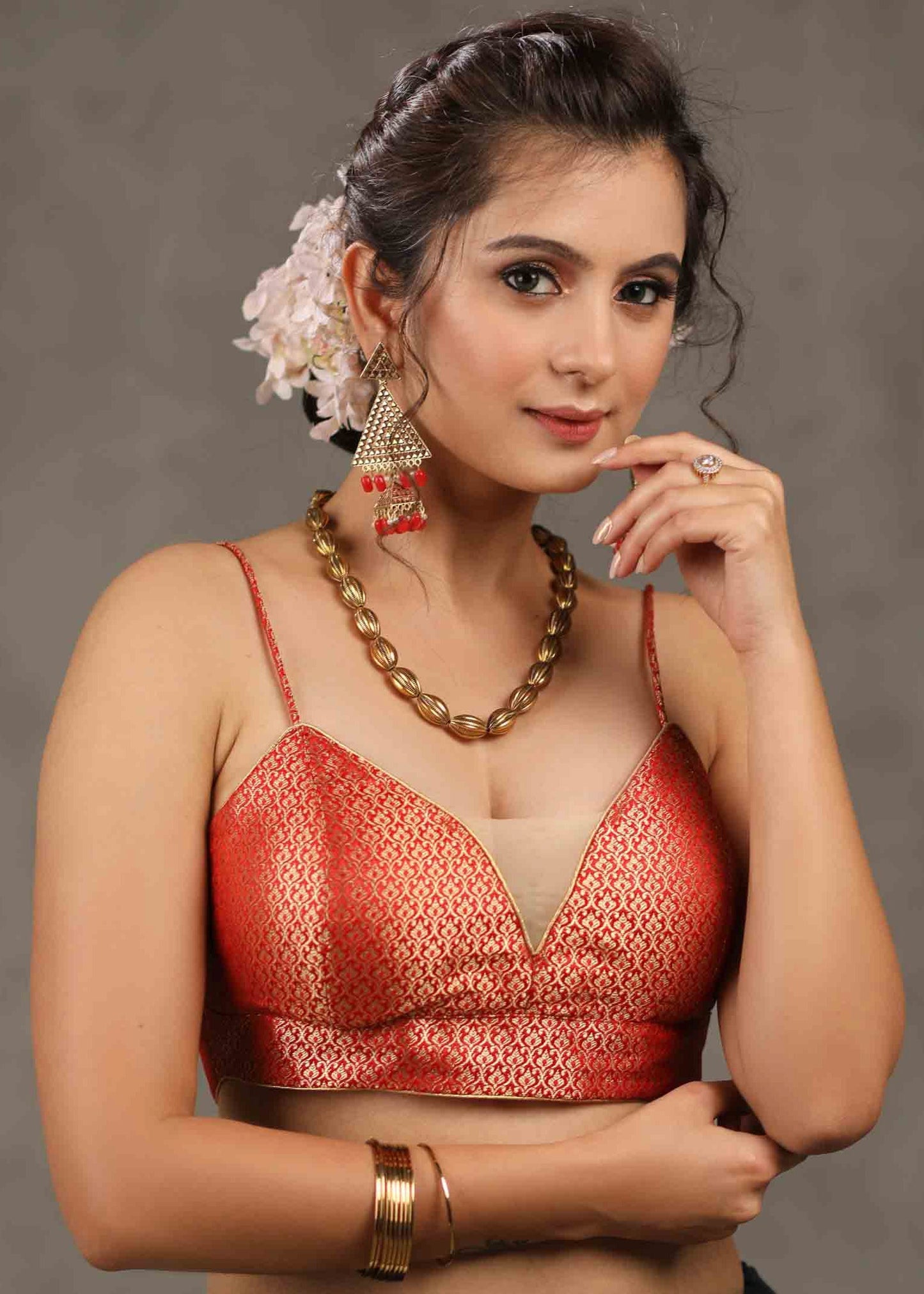 Elegant Red Banarasi Strappy Blouse with Deep Plunge Neckline and Back Opening