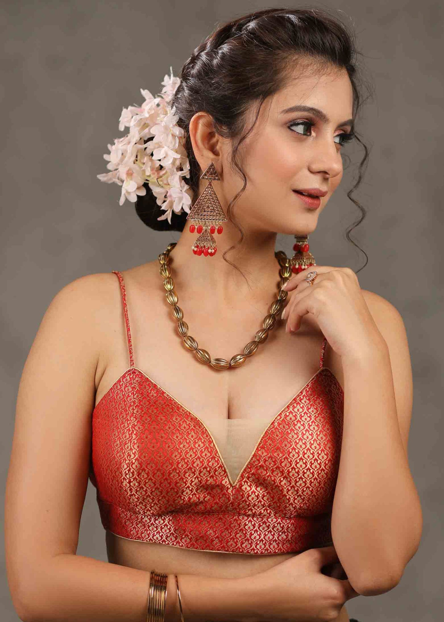 Elegant Red Banarasi Strappy Blouse with Deep Plunge Neckline and Back Opening