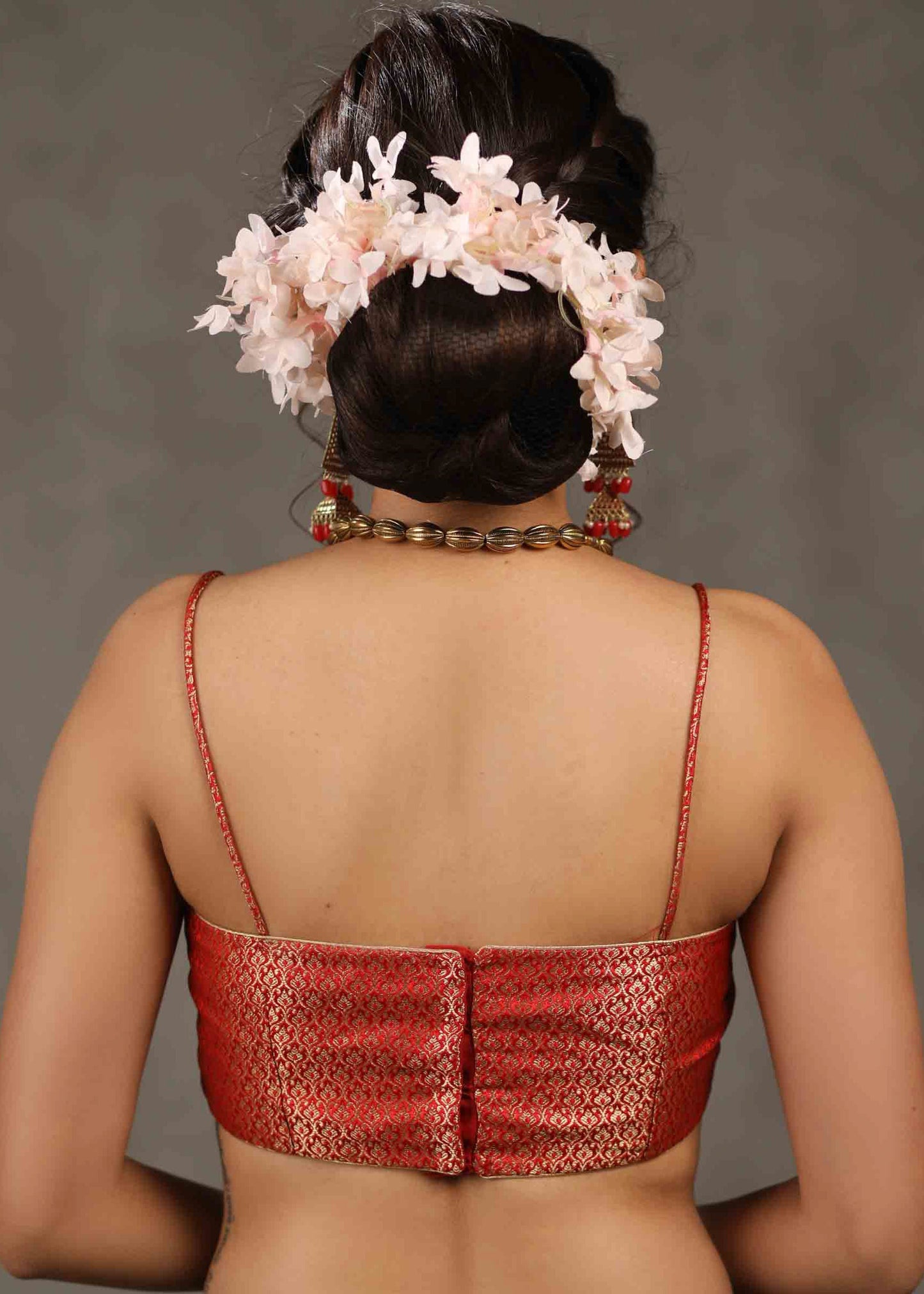 Elegant Red Banarasi Strappy Blouse with Deep Plunge Neckline and Back Opening