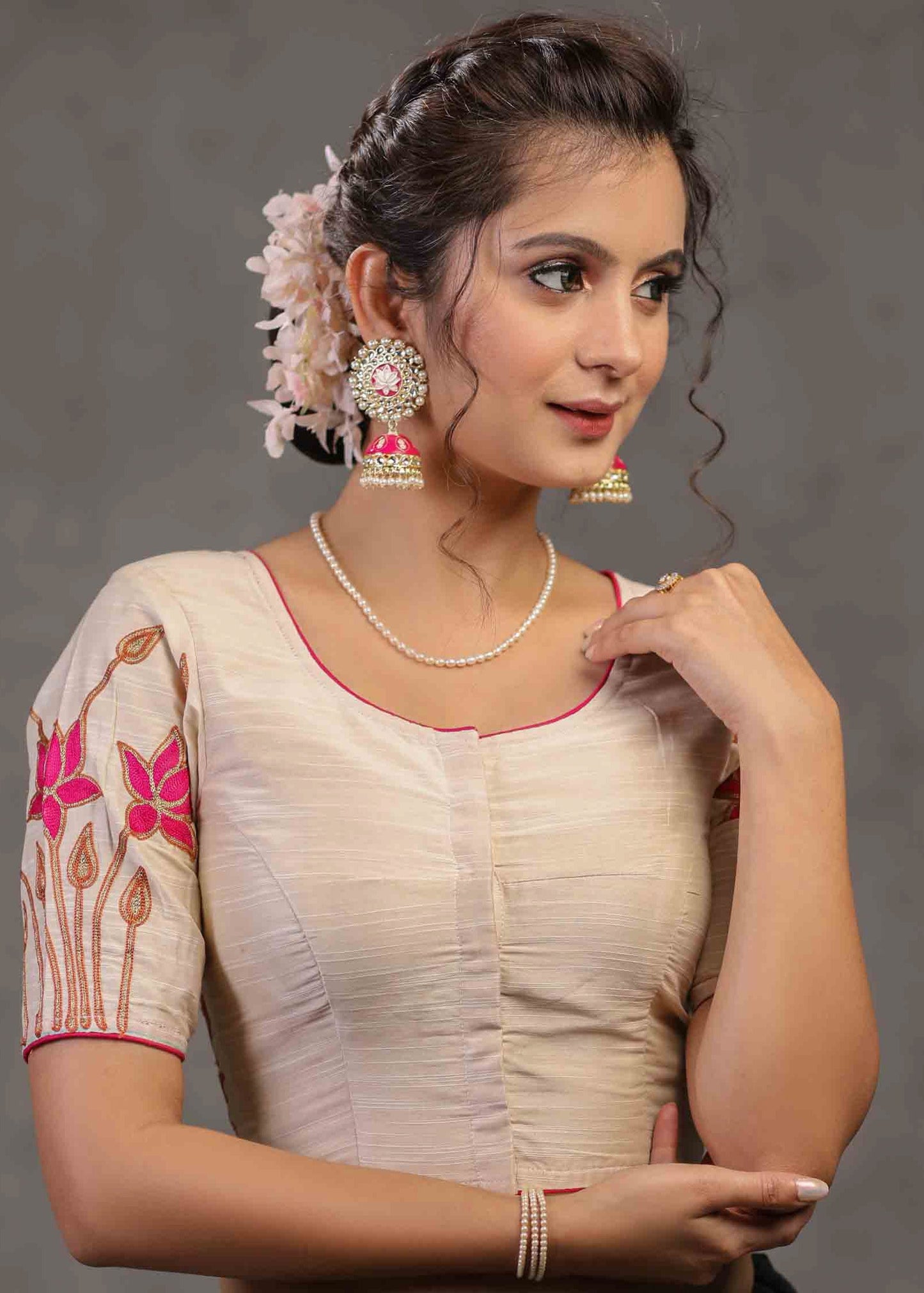 Classy Ivory Cotton Silk Blouse with Beautiful Lotus Embroidery on Back and Sleeves