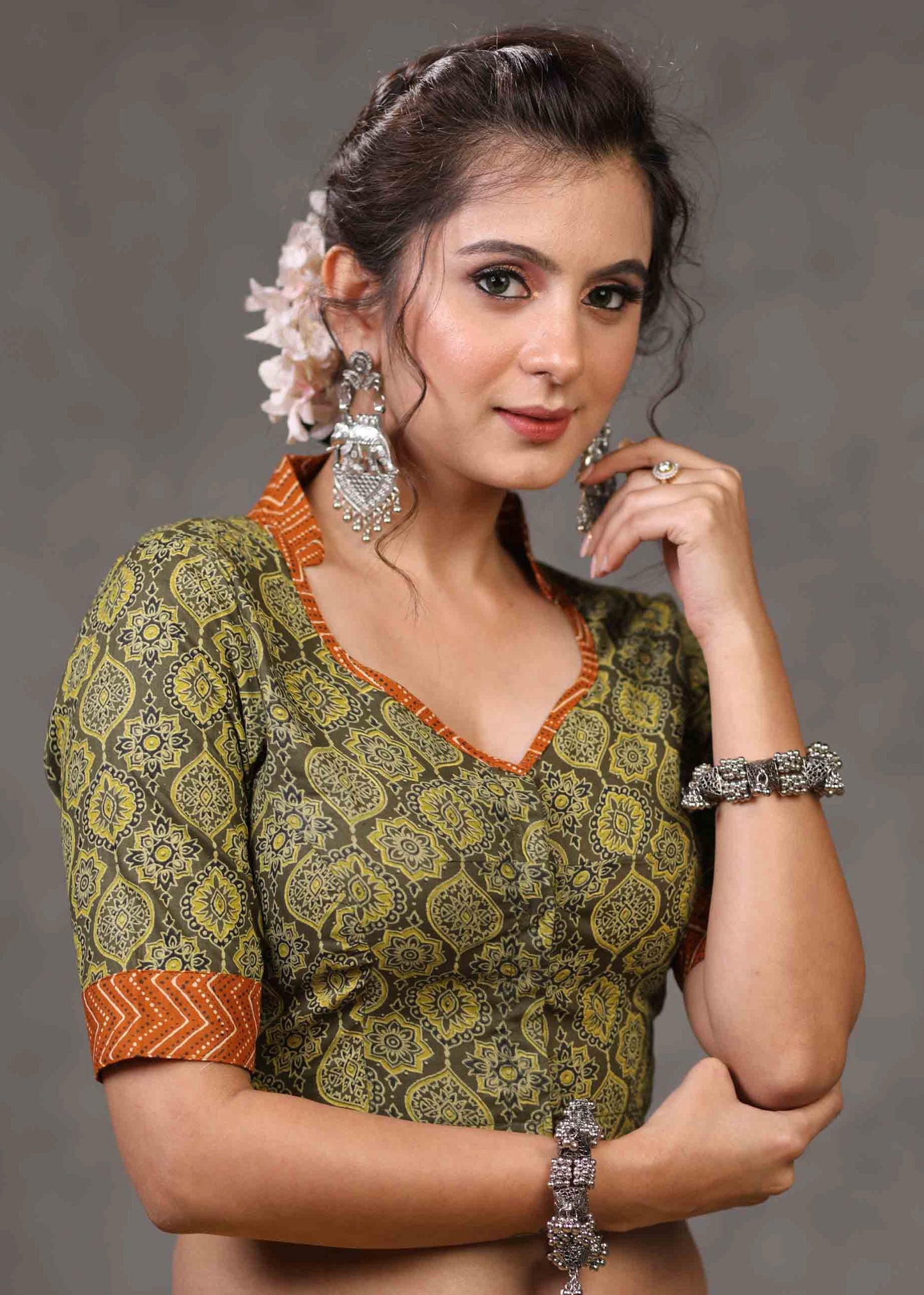 Exclusive Olive Green Ajrakh Blouse with Brown Mandarin Collar