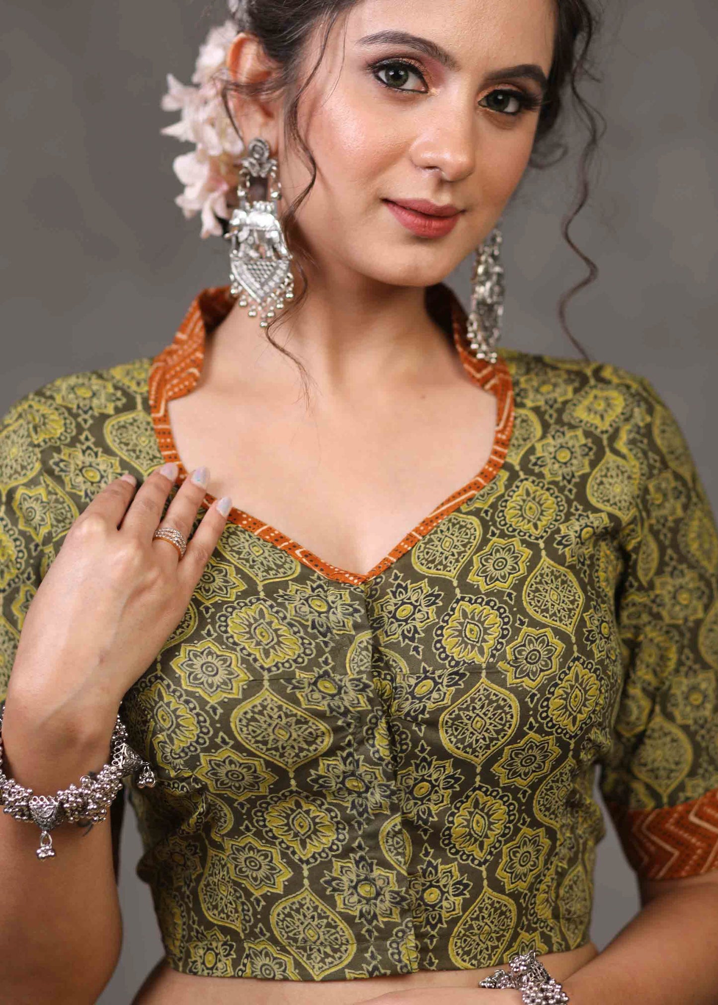 Exclusive Olive Green Ajrakh Blouse with Brown Mandarin Collar