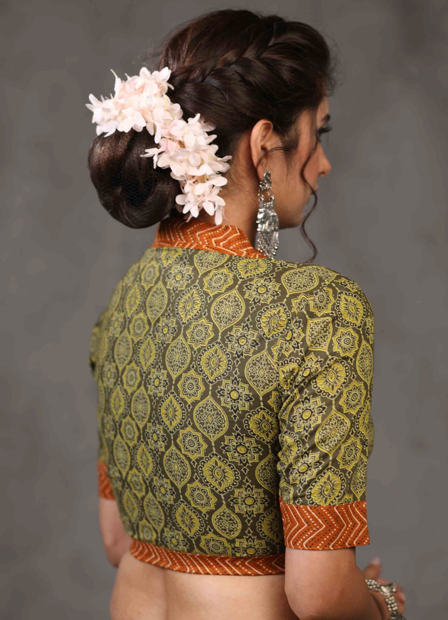 Exclusive Olive Green Ajrakh Blouse with Brown Mandarin Collar