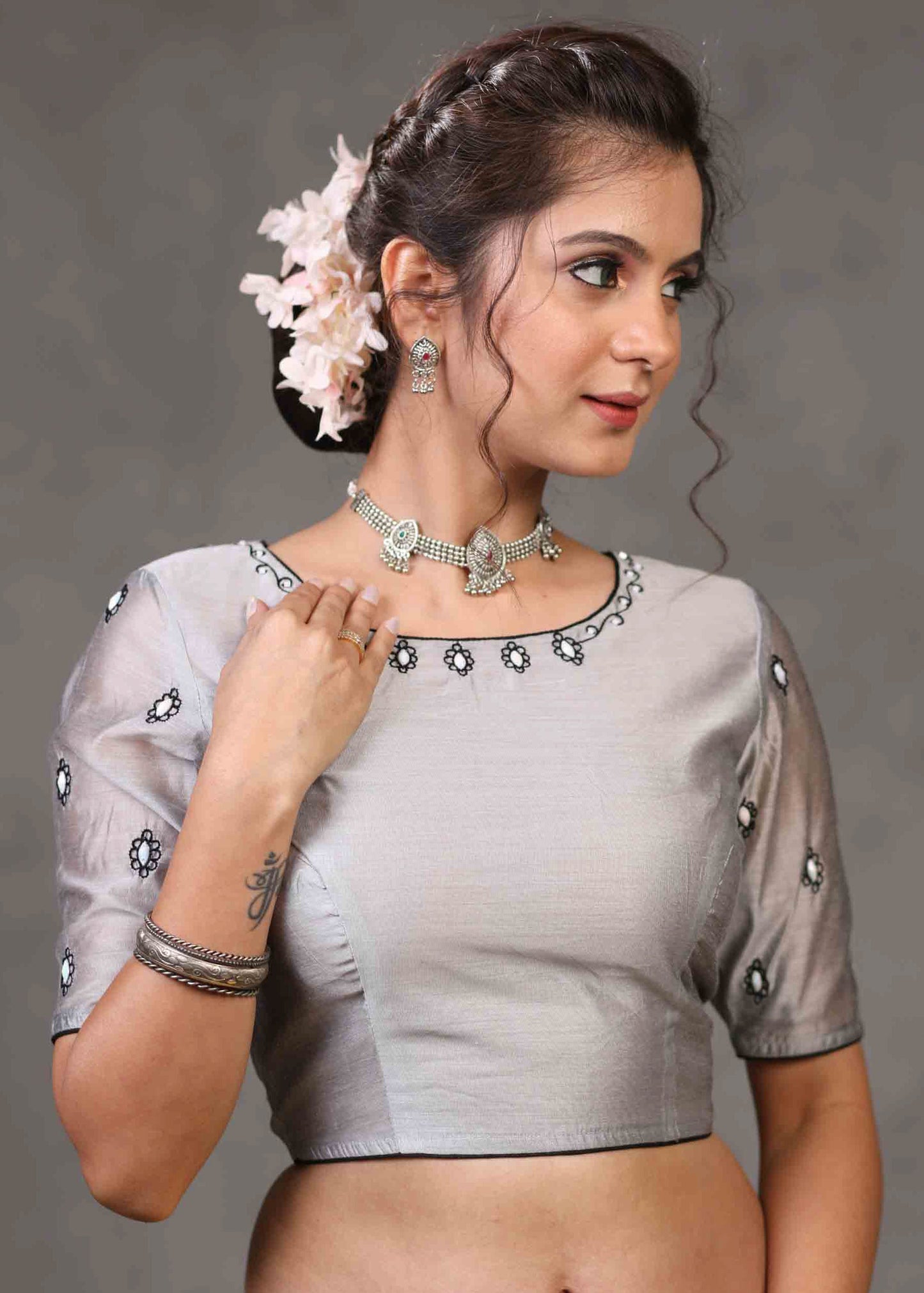 Classy Grey Chanderi Blouse with Overall Beautiful Floral Embroidery