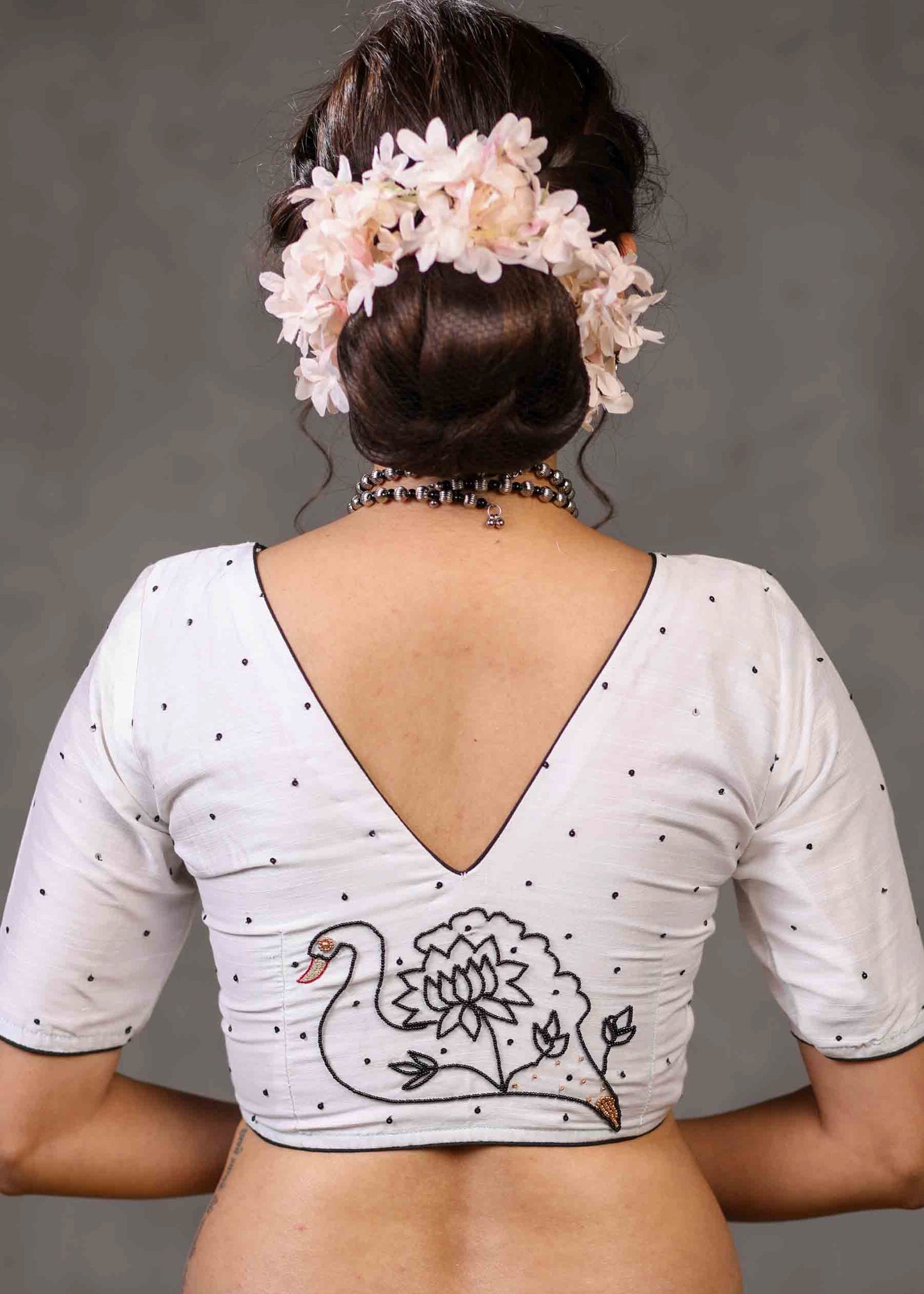 Classy Ivory Cotton Silk Blouse with Beautiful Swan Embroidery on Back and Front