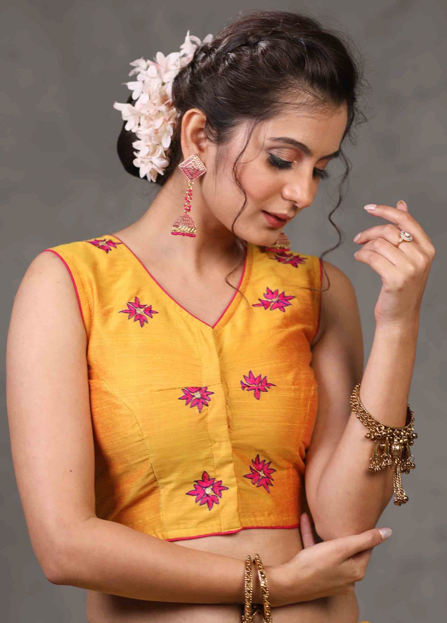 Exclusive Yellow Cotton Silk Sleevless Blouse with Overall Beautiful Floral Embroidery