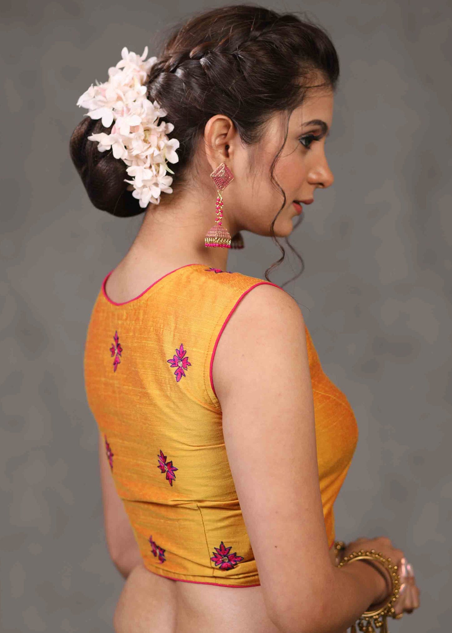 Exclusive Yellow Cotton Silk Sleevless Blouse with Overall Beautiful Floral Embroidery