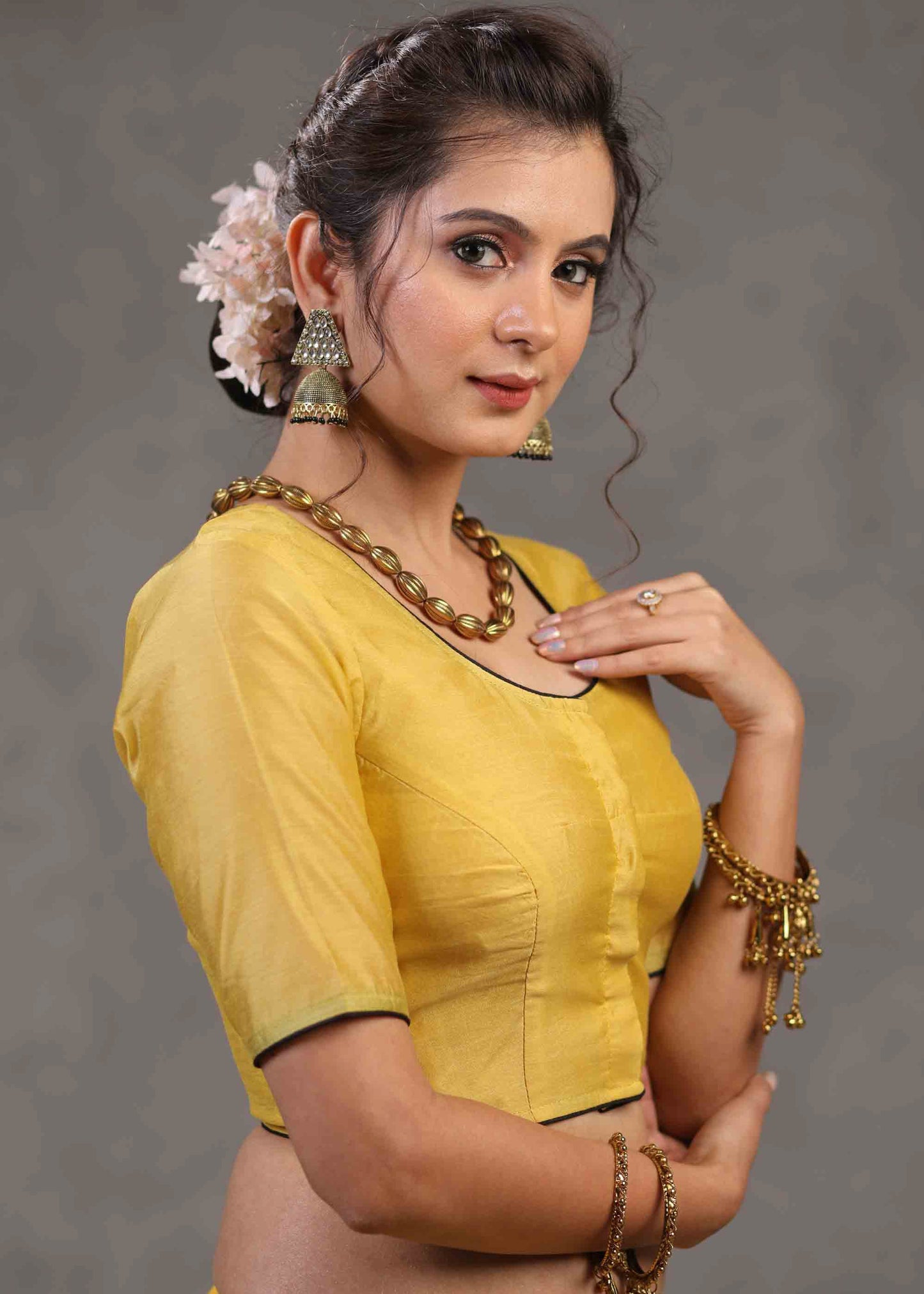 Classy Yellow Chanderi Blouse with Beautiful Cow Embroidered Motif on The Back