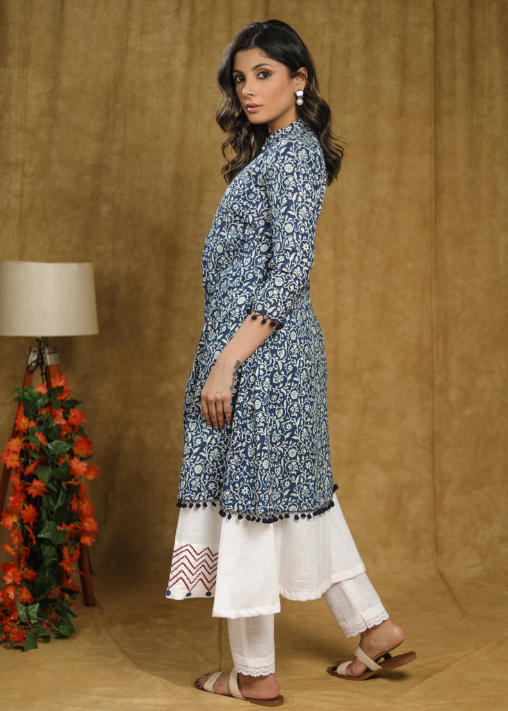 Elegant White Cotton Hand Painted Sleeveless Kurta with Indigo Jacket - Pant Optional