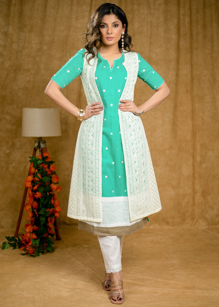 Stylish Aqua Green Cotton Kurta with Embroidery Allover & White Chikankari Jacket (2 Piece) - Pant Optional