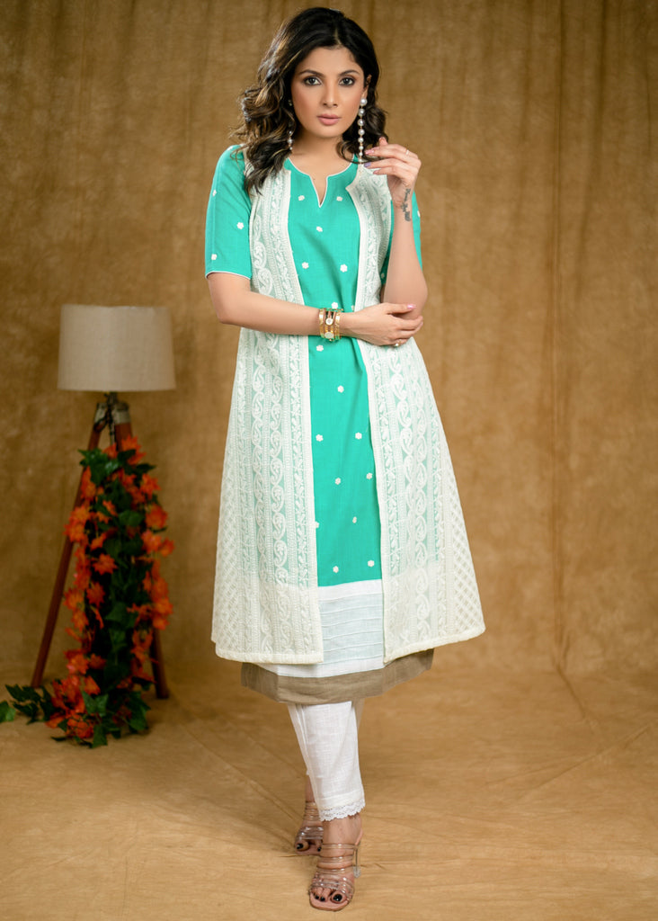 Stylish Aqua Green Cotton Kurta with Embroidery Allover & White Chikankari Jacket (2 Piece) - Pant Optional