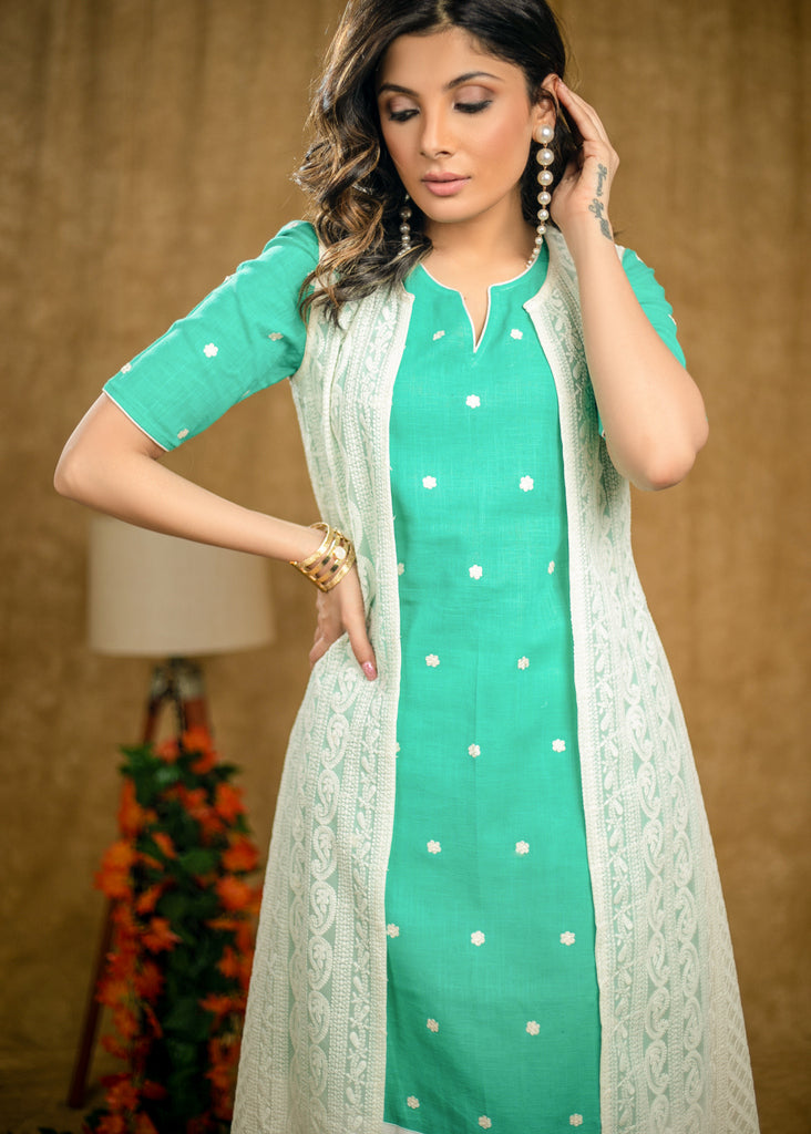 Stylish Aqua Green Cotton Kurta with Embroidery Allover & White Chikankari Jacket (2 Piece) - Pant Optional