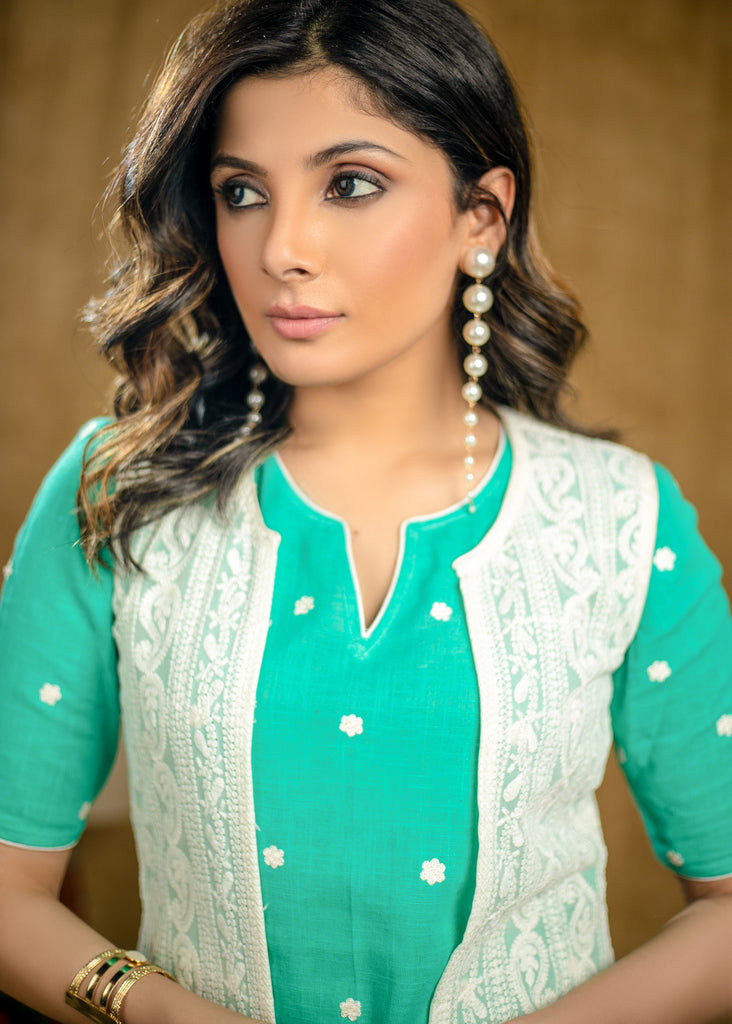 Stylish Aqua Green Cotton Kurta with Embroidery Allover & White Chikankari Jacket (2 Piece) - Pant Optional