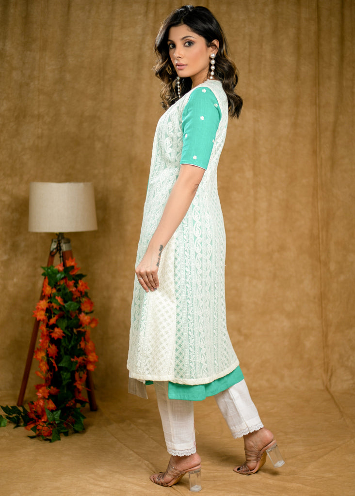 Stylish Aqua Green Cotton Kurta with Embroidery Allover & White Chikankari Jacket (2 Piece) - Pant Optional