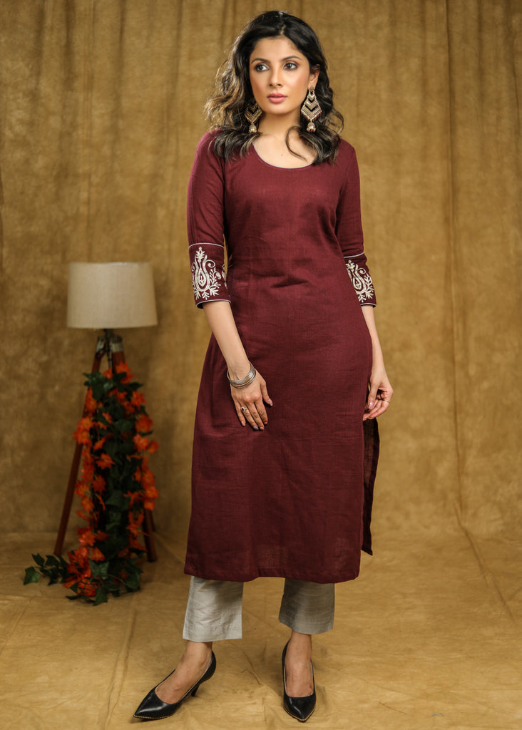 Cotton Embroidered Wine Kurta with Matchiong Pant - Embroidered Ikat Jacket Optional