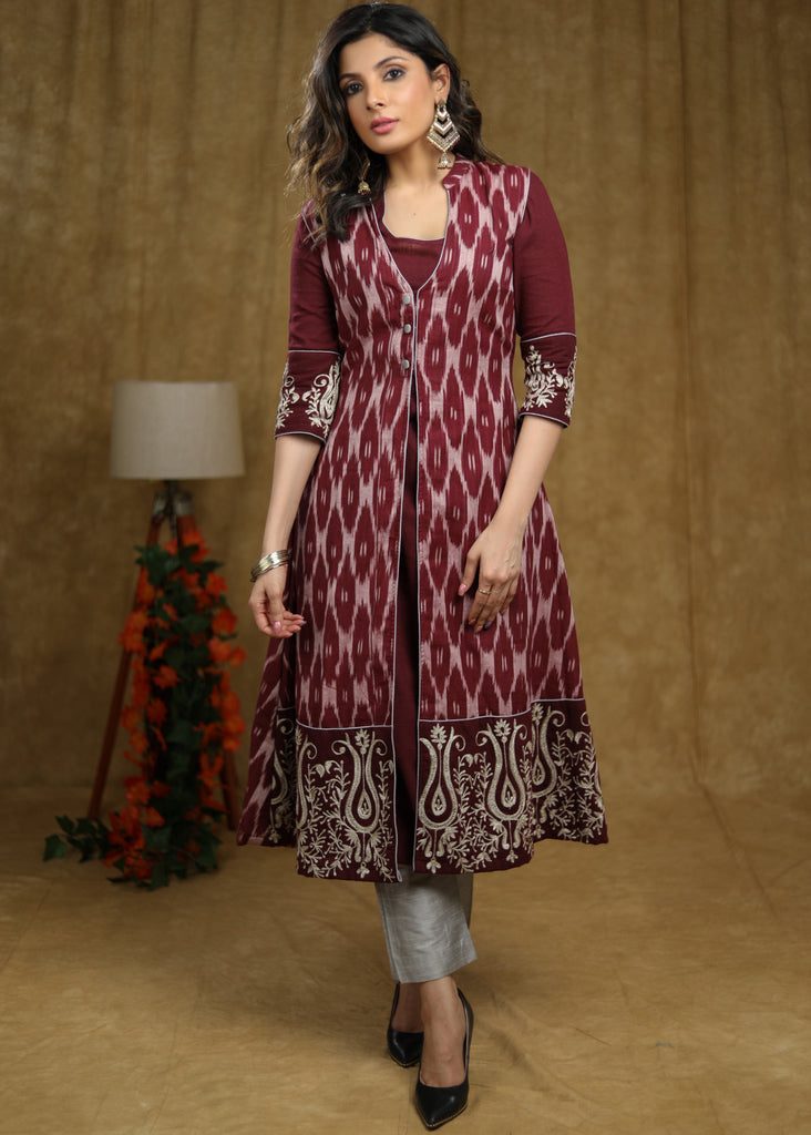 Cotton Embroidered Wine Kurta with Matchiong Pant - Embroidered Ikat Jacket Optional
