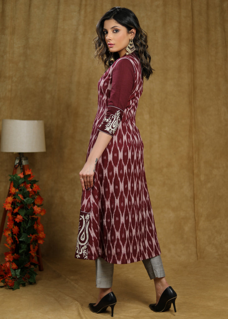 Cotton Embroidered Wine Kurta with Matchiong Pant - Embroidered Ikat Jacket Optional