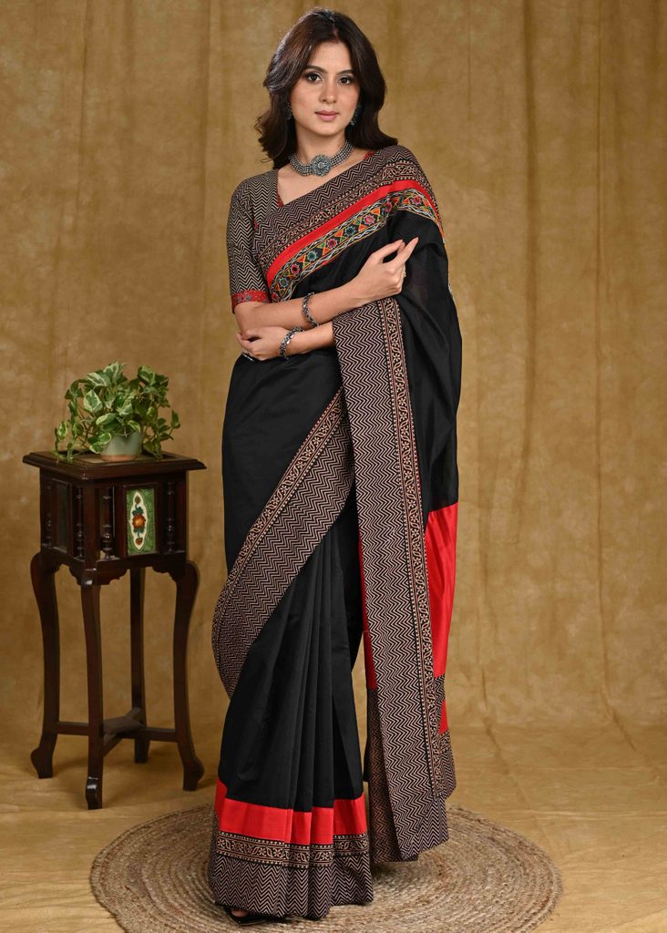 Gorgeous Black Chanderi Saree with Mirrorwork Combination Black Ajrakh Border and Maroon Cotton Silk Pallu