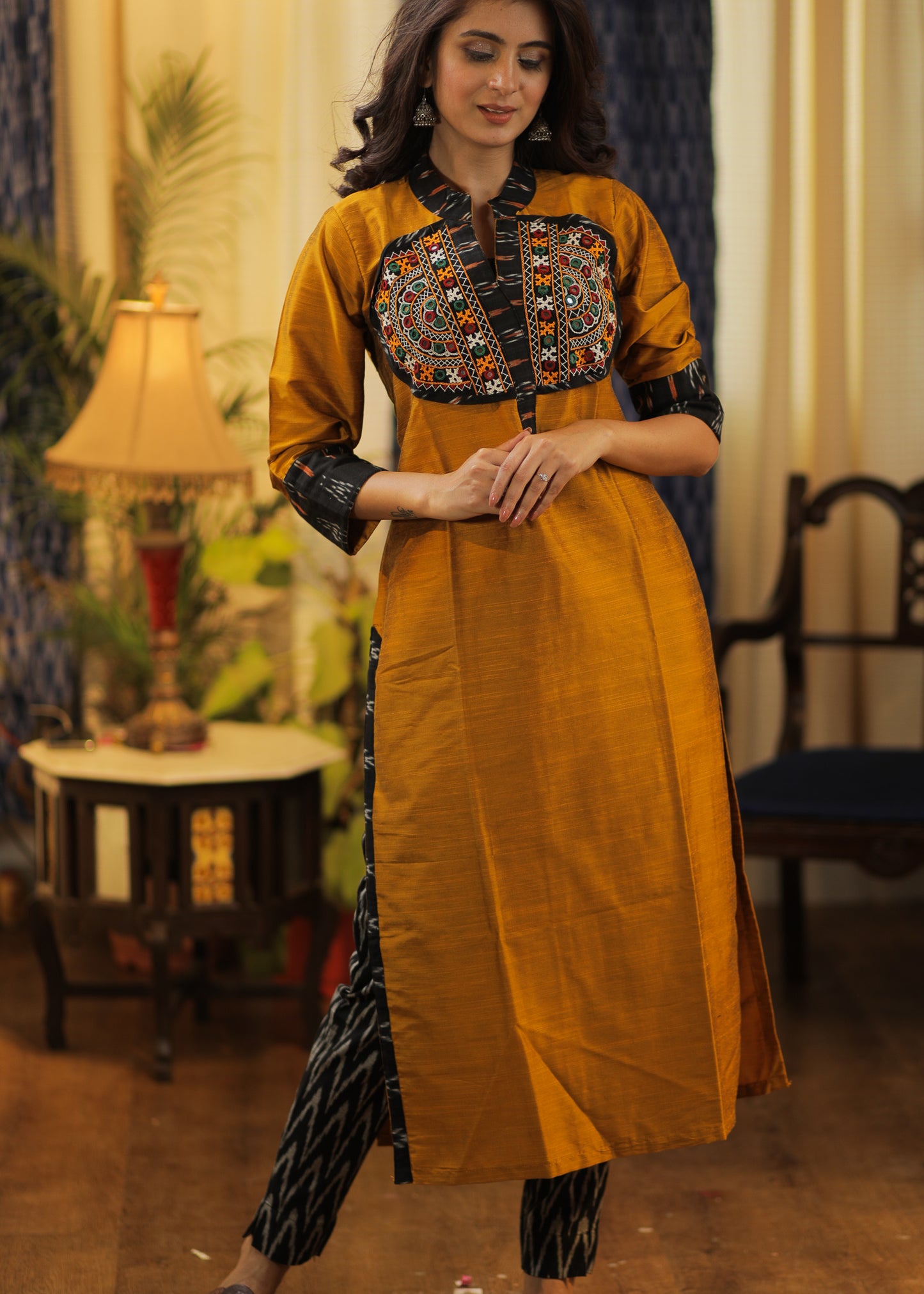 Straight cut Mustard Cotton Silk Kurta with Exclusive Hand made Kutch Mirror work and Ikat