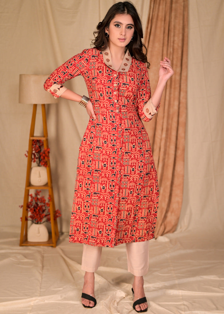 Exclusive Straight Cut Red Animal Print Cotton Ajrakh Kurta with Hand Painted Collar and Sleeves - Pant Optional