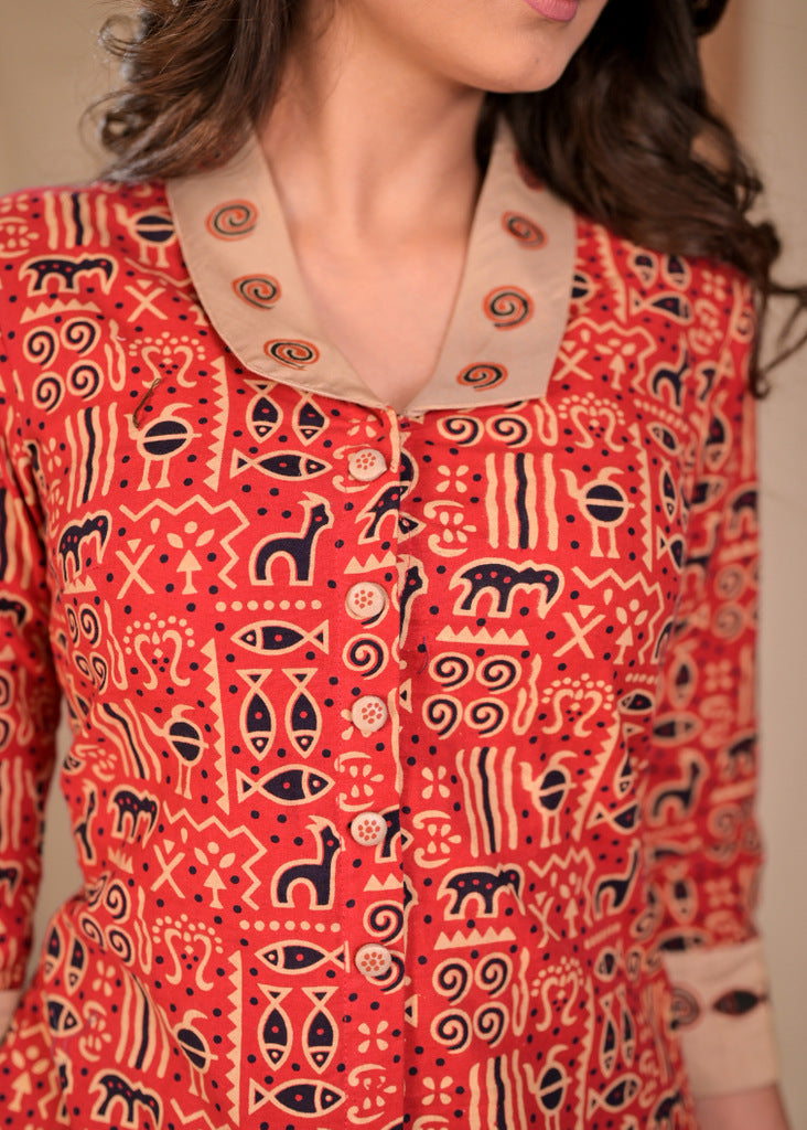 Exclusive Straight Cut Red Animal Print Cotton Ajrakh Kurta with Hand Painted Collar and Sleeves - Pant Optional