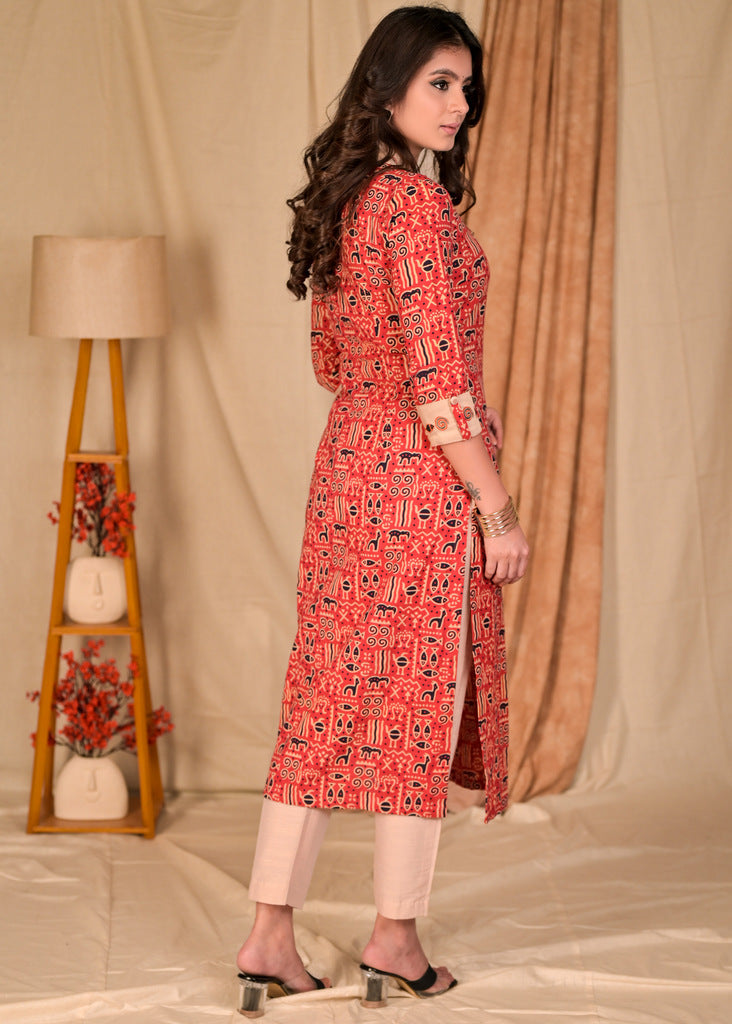 Exclusive Straight Cut Red Animal Print Cotton Ajrakh Kurta with Hand Painted Collar and Sleeves - Pant Optional