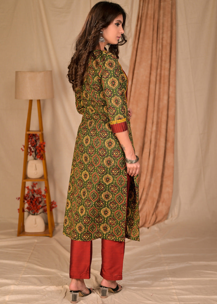 Beautiful Green Ajrakh Kurta with Contrast Pintucks Yoke - Pant Optional