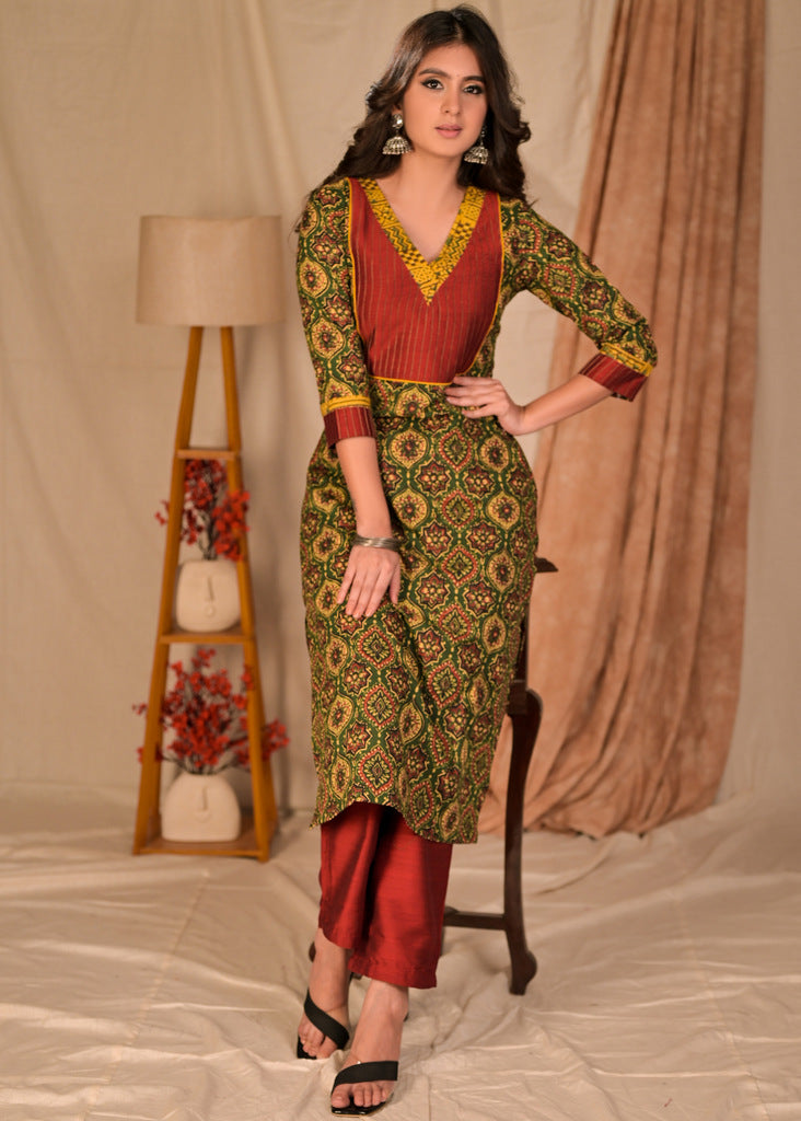 Beautiful Green Ajrakh Kurta with Contrast Pintucks Yoke - Pant Optional