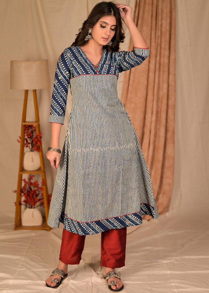 Classy Cotton Indigo Combination A Line Kurta - Pant Optional