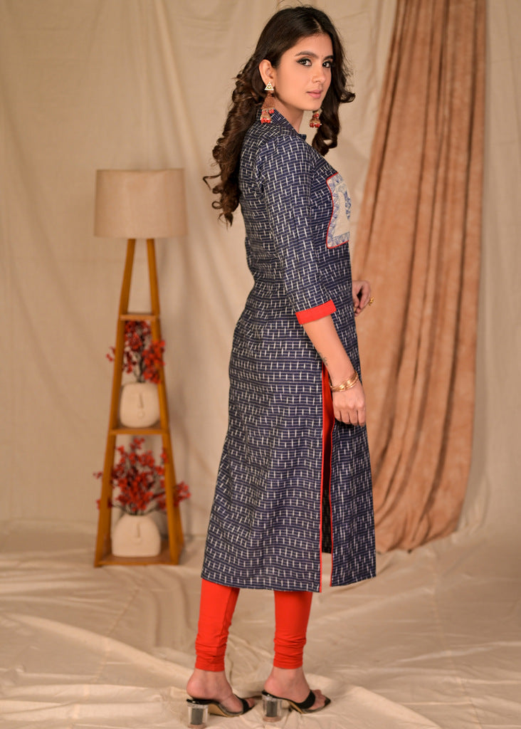 Trendy Blue Straight Cut Cotton Ikat Kurta with Hand Painted Madhubani Yoke