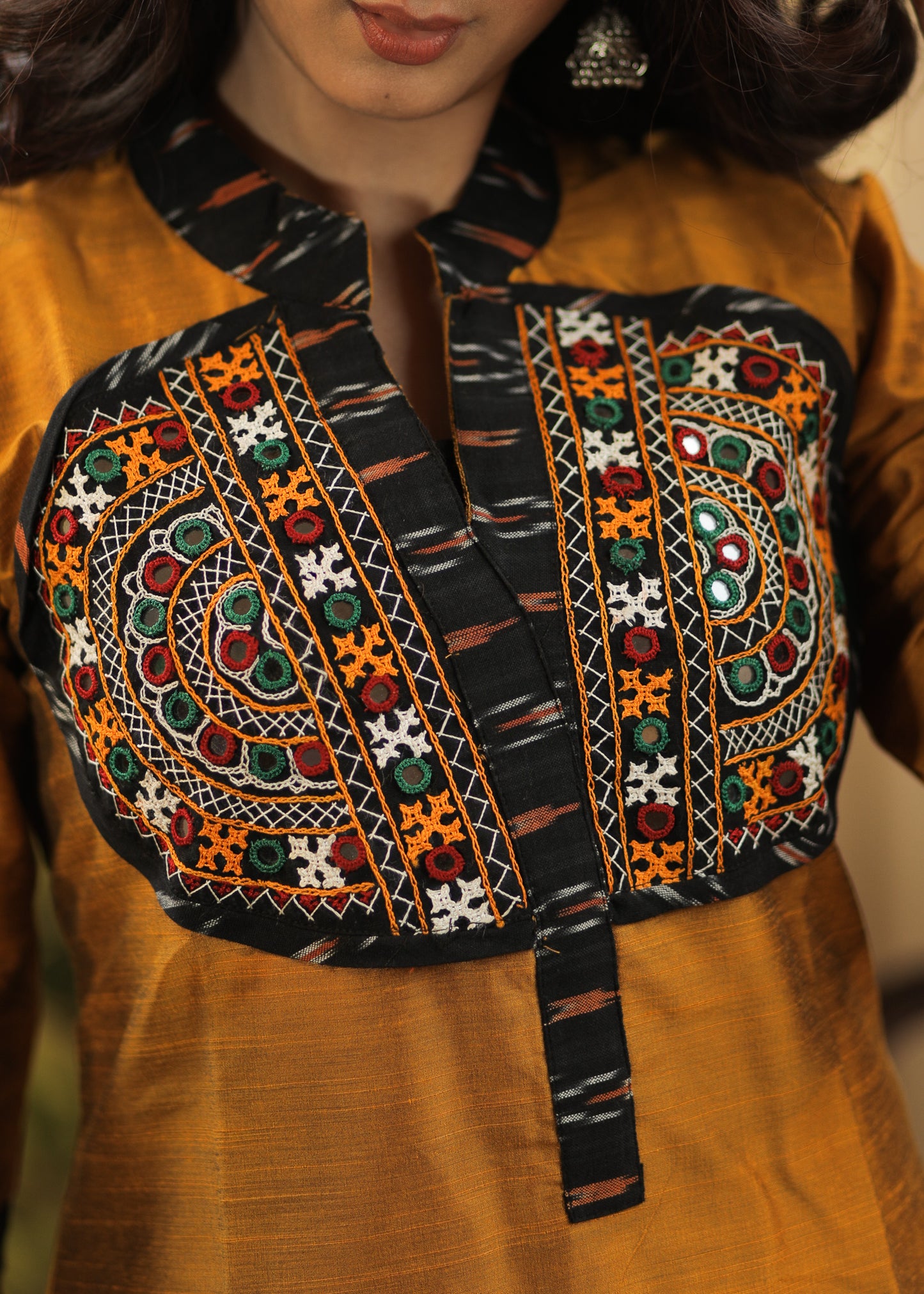 Straight cut Mustard Cotton Silk Kurta with Exclusive Hand made Kutch Mirror work and Ikat