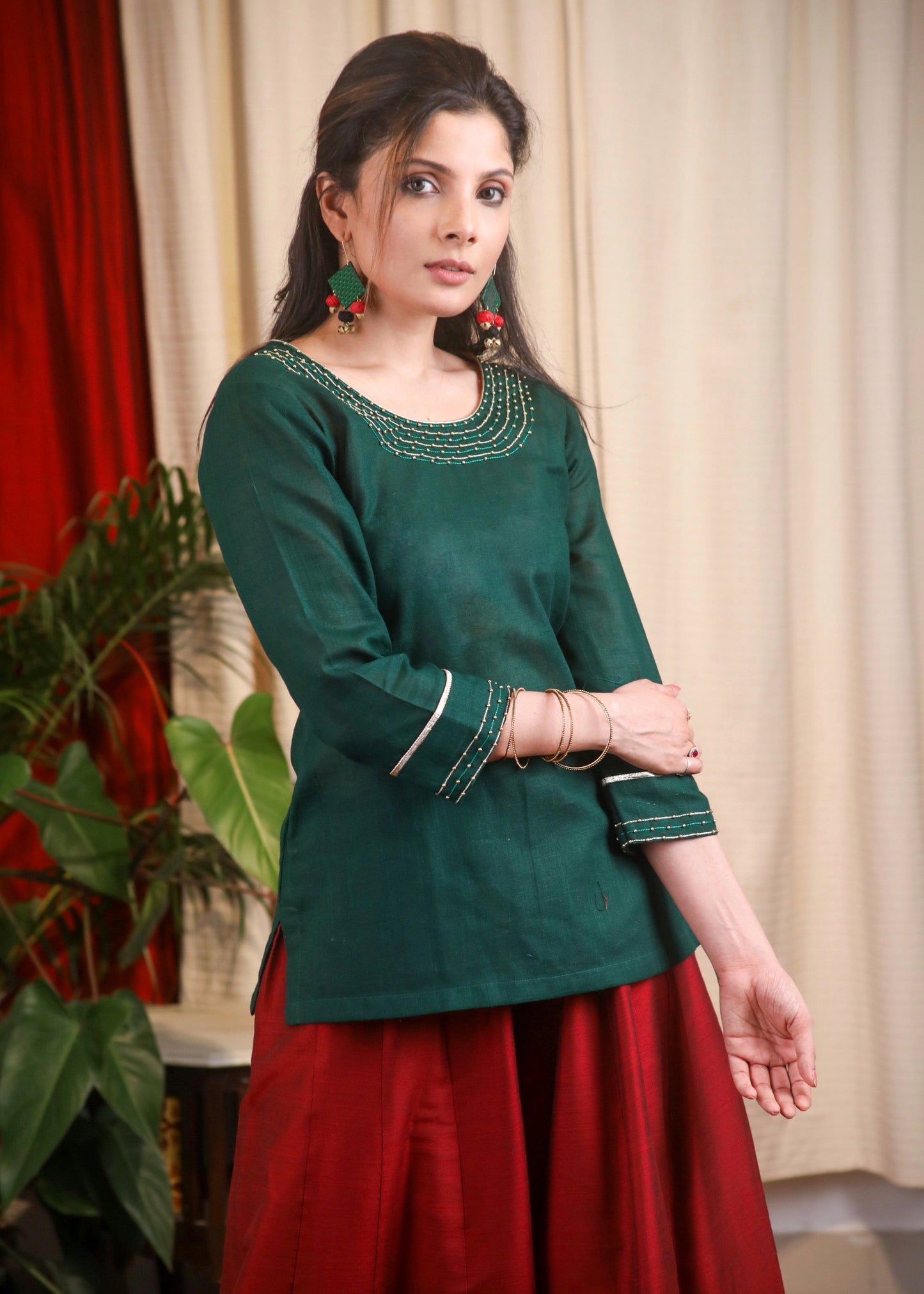 Delicate Hand Embroidered Forest Green Top