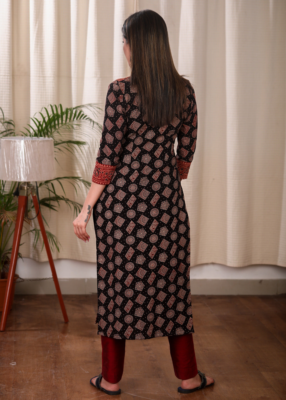Trendy Straight Cut pure Ajrakh Cotton Kurta With Contrast Yoke and Elegant Buttons