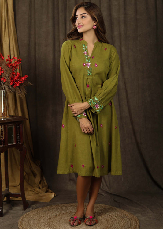 Exclusive henna green tunic dress with minimal floral embroidery on sleeves and neckline