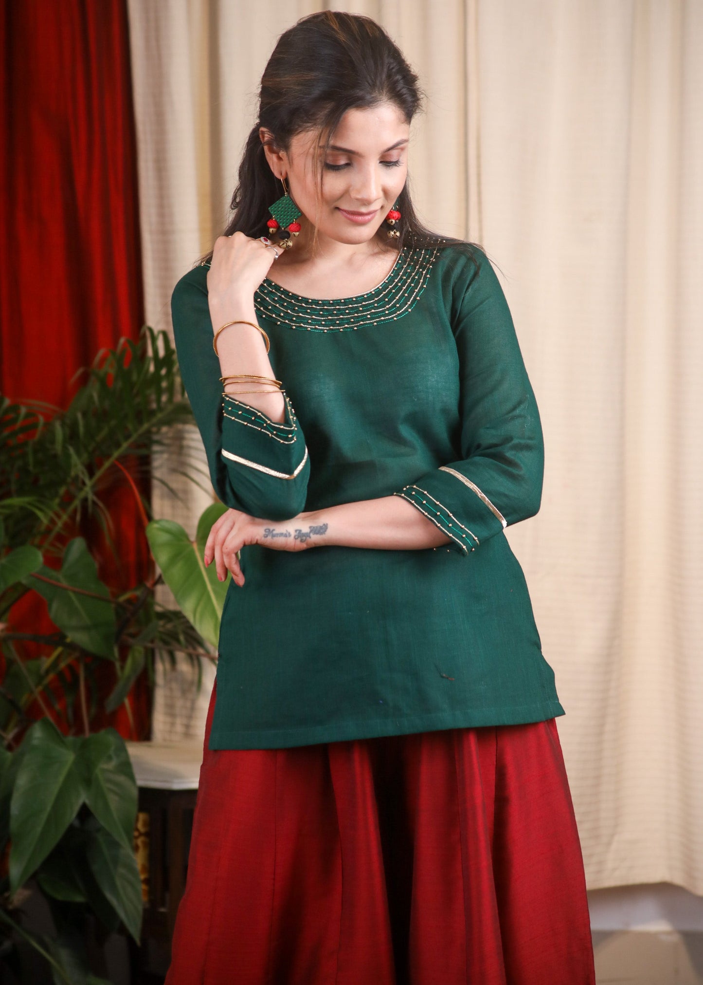 Delicate Hand Embroidered Forest Green Top