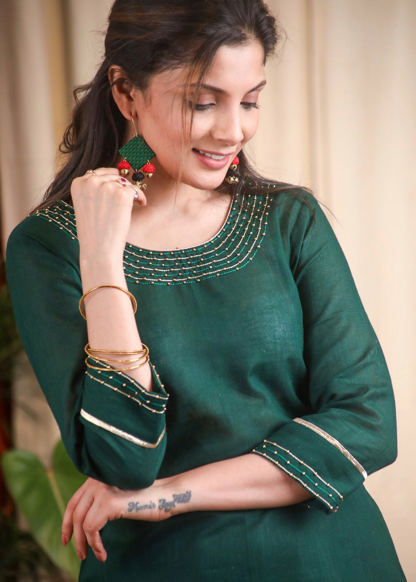 Delicate Hand Embroidered Forest Green Top