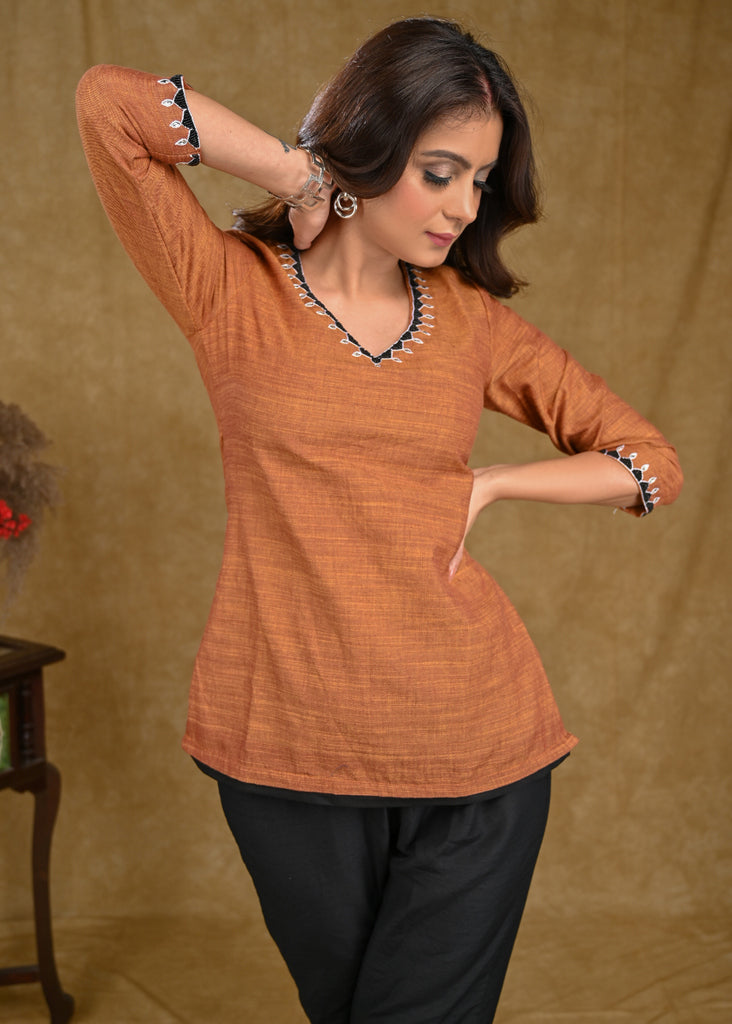Rust Cotton Top with Delicate Embroidery on Neckline and Sleeves