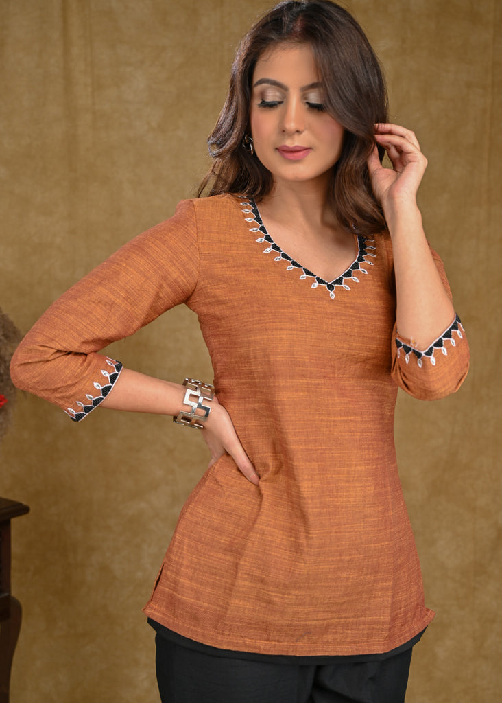 Rust Cotton Top with Delicate Embroidery on Neckline and Sleeves