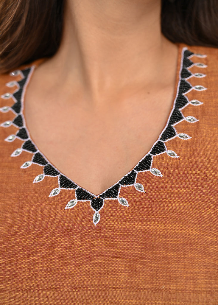 Rust Cotton Top with Delicate Embroidery on Neckline and Sleeves
